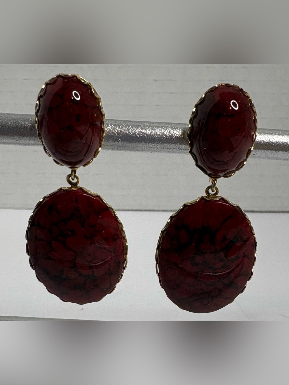 Clip On Red Dangle Earrings with Gold Trim - Women Costume Jewelry Vintage